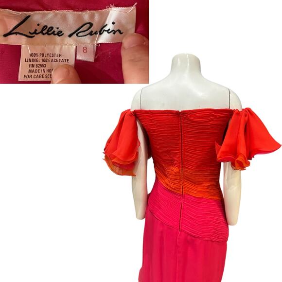 Vintage Lillie Rubin Off Shoulder Evening Gown Red Pink Ruched Chiffon / Size 8 - Picture 4 of 5